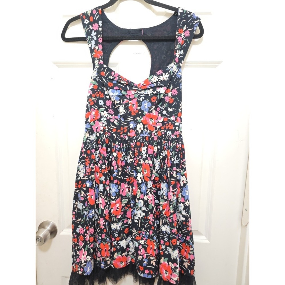 Free People Floral Cutout Back Mini Dress Womens 4 Black Tulle Trim Fit Flare